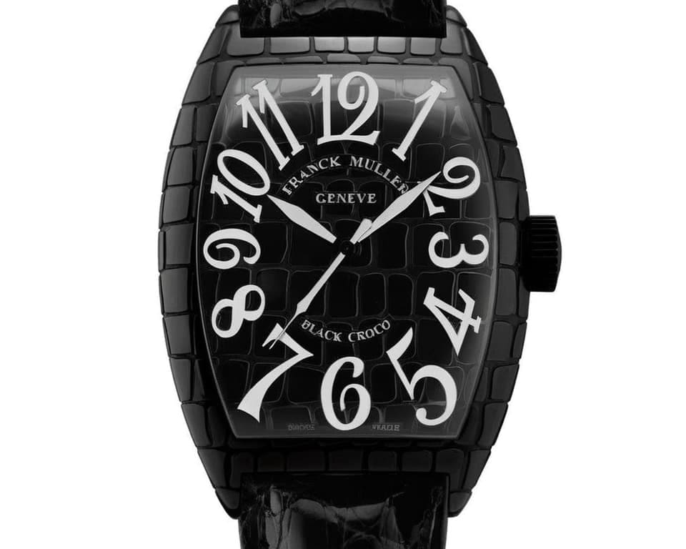 Franck Muller Black Croco tonneau watch with all-black scaled case and white numerals