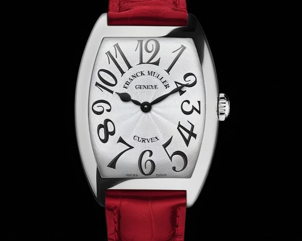 Franck Muller Curvex luxury watch in silver case with white textured dial, black Arabic numerals, and red alligator leather strap