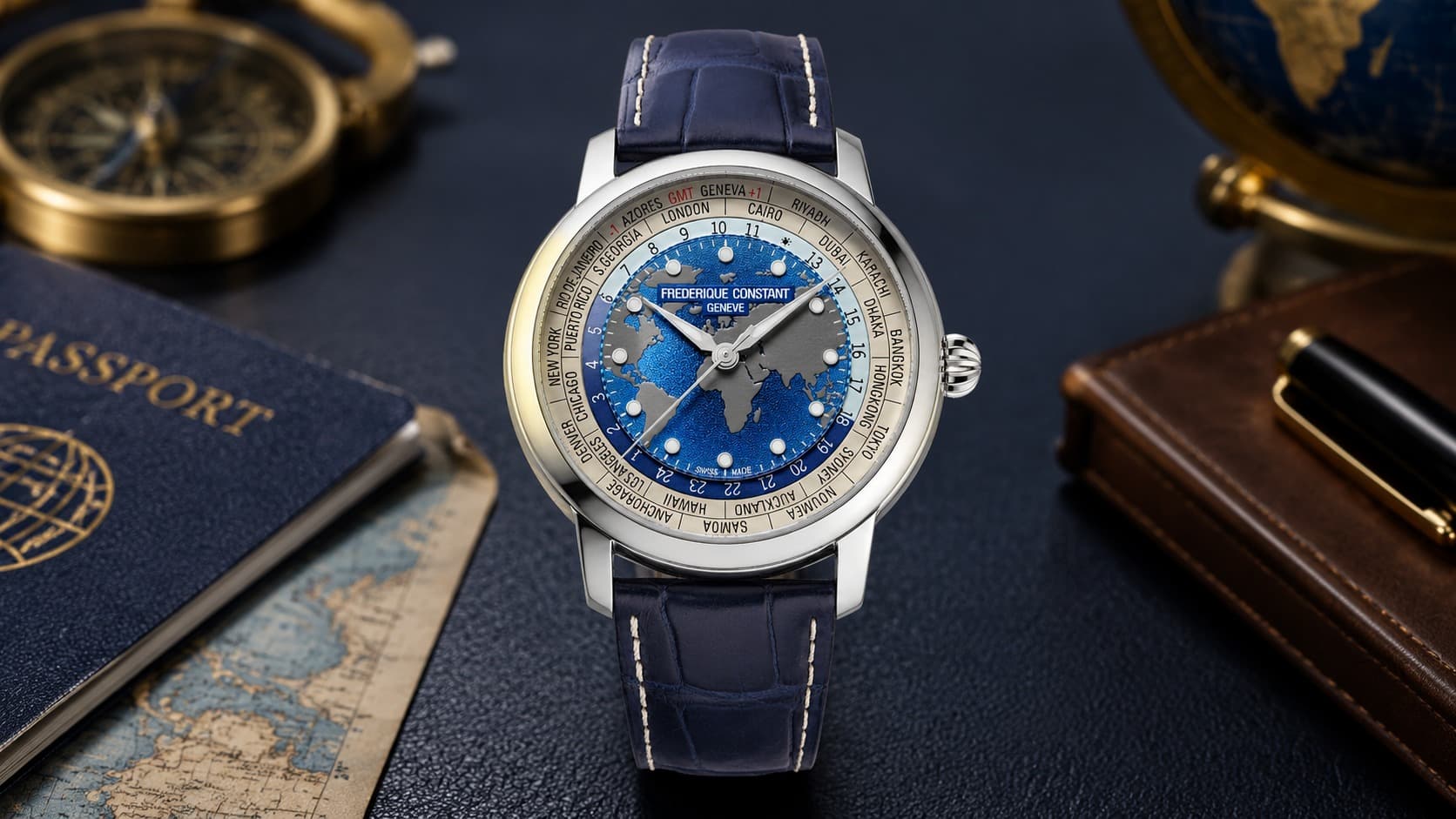 Frederique Constant Classic Worldtimer watch with world map dial and blue leather strap