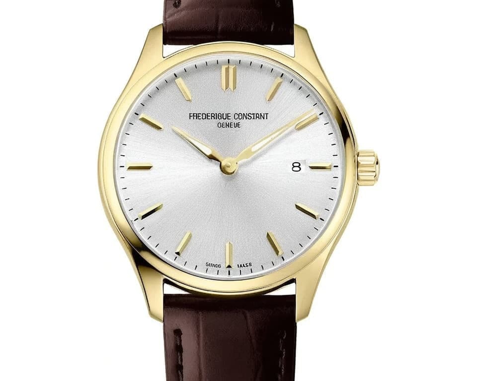 Frederique Constant Classics Automatic watch featuring gold-plated case, silver sunburst dial, date window at 3 o'clock and brown leather strap