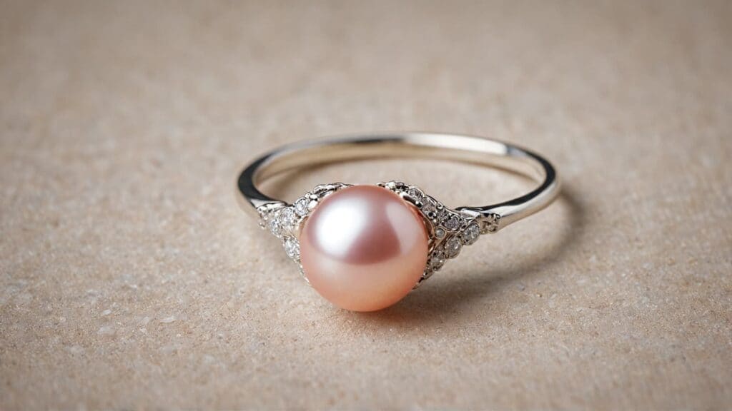 A beautiful freshwater pink pearl engagement ring set in a silver band with delicate diamond accents, highlighting its soft glow and romantic appeal.