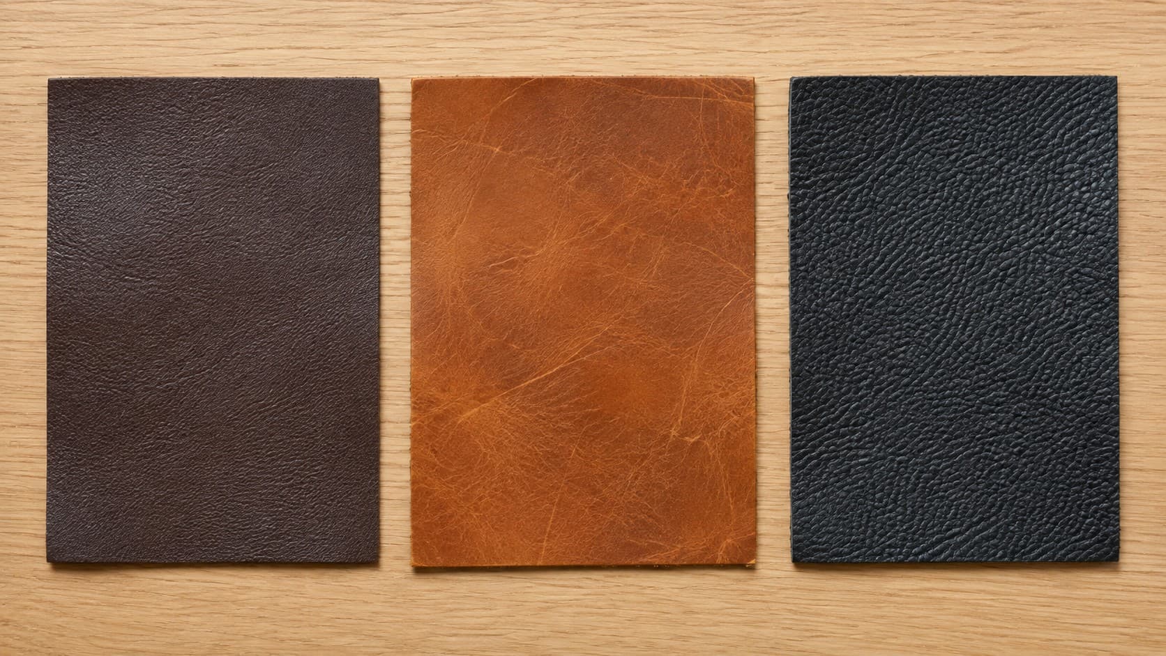 Full-grain, top-grain, and genuine leather swatches compared side by side