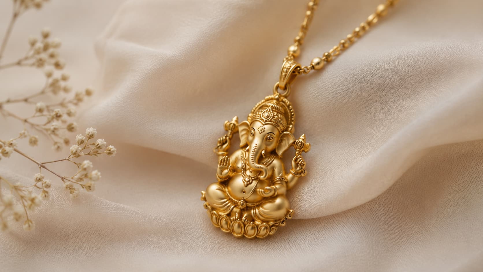 Gold Ganesh pendant necklace resting on cream silk fabric