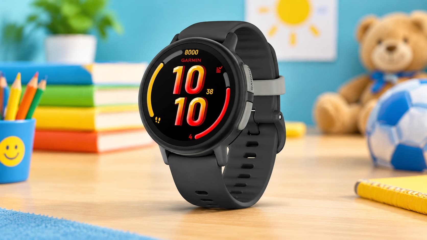 Garmin Bounce 2 kids smartwatch with GPS tracking shown on a desk with school supplies