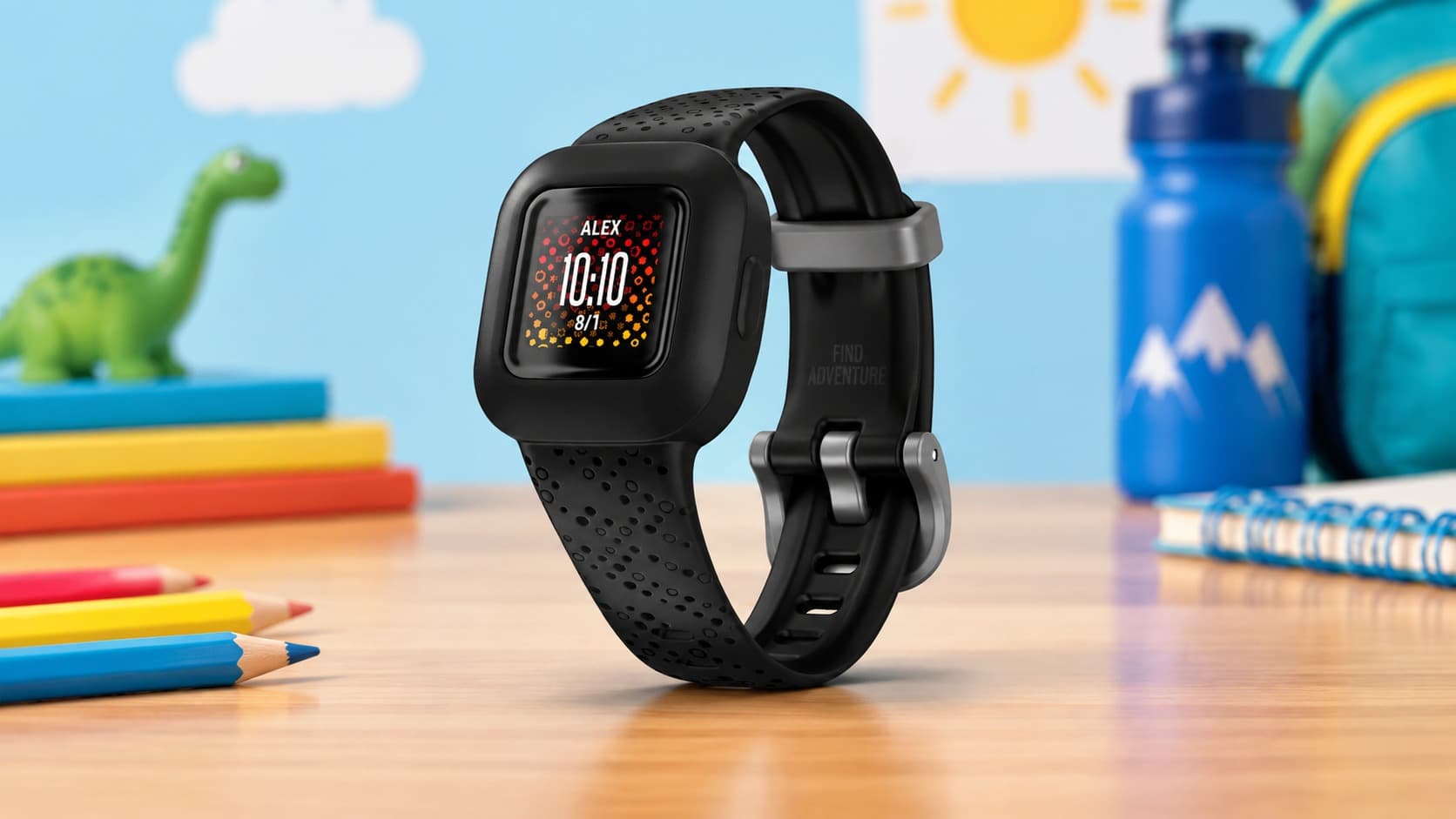 Garmin vívofit jr. 3 kids activity watch with black band on a desk with school supplies