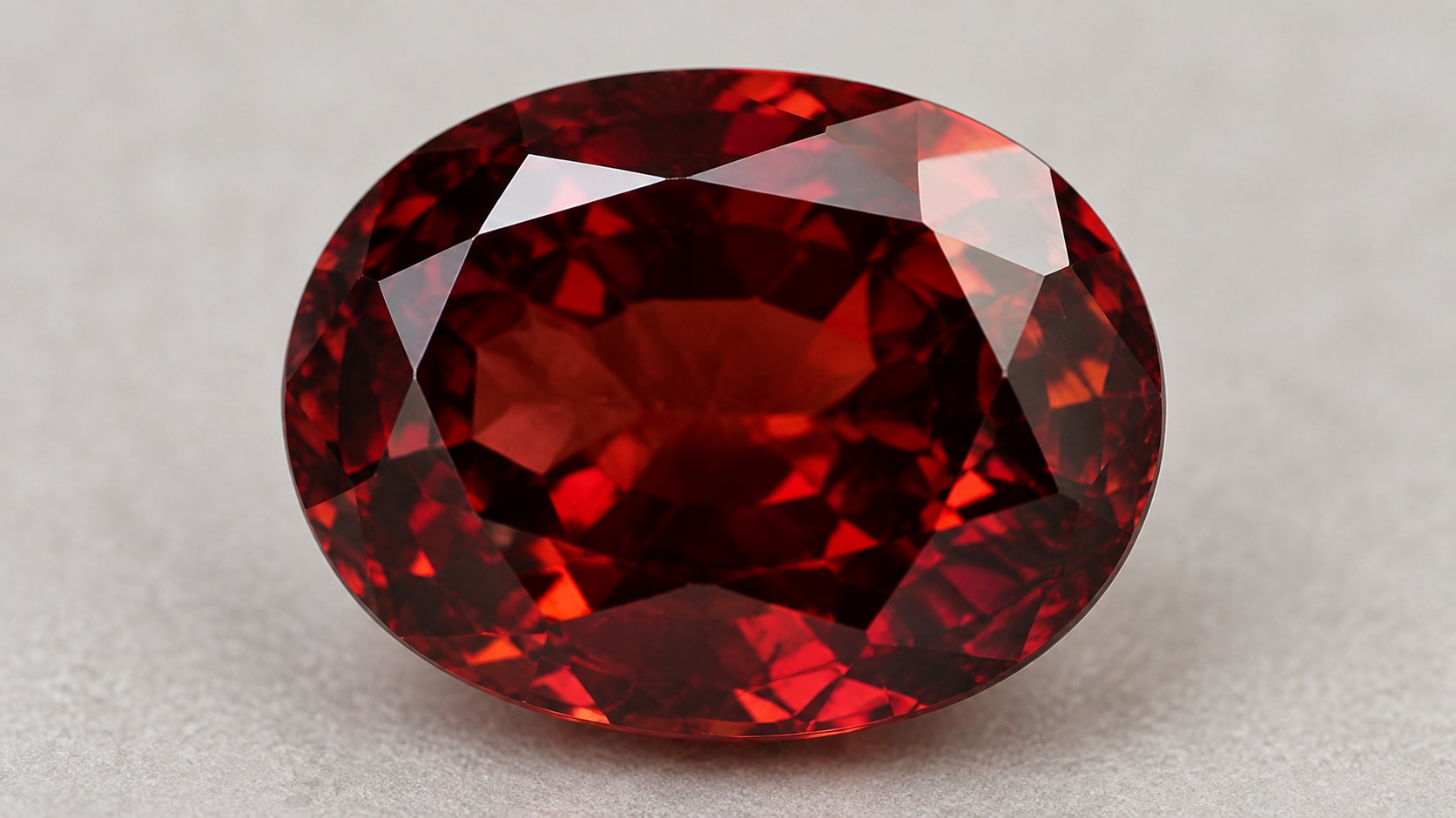 Faceted deep red garnet gemstone on a neutral background