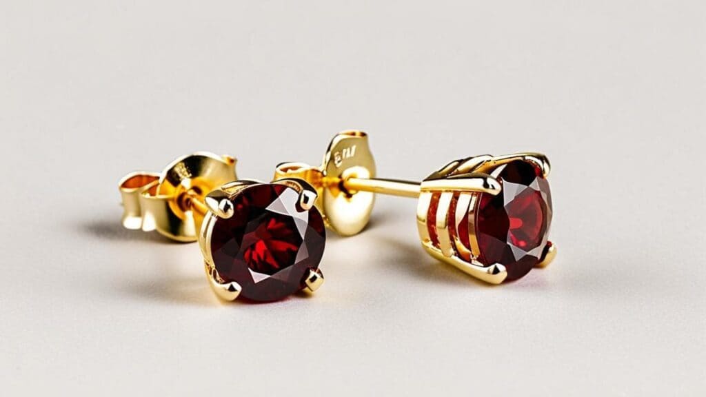 Pair of round garnet stud earrings in gold prong settings, representing rich red affordable gemstones perfect for everyday wear.