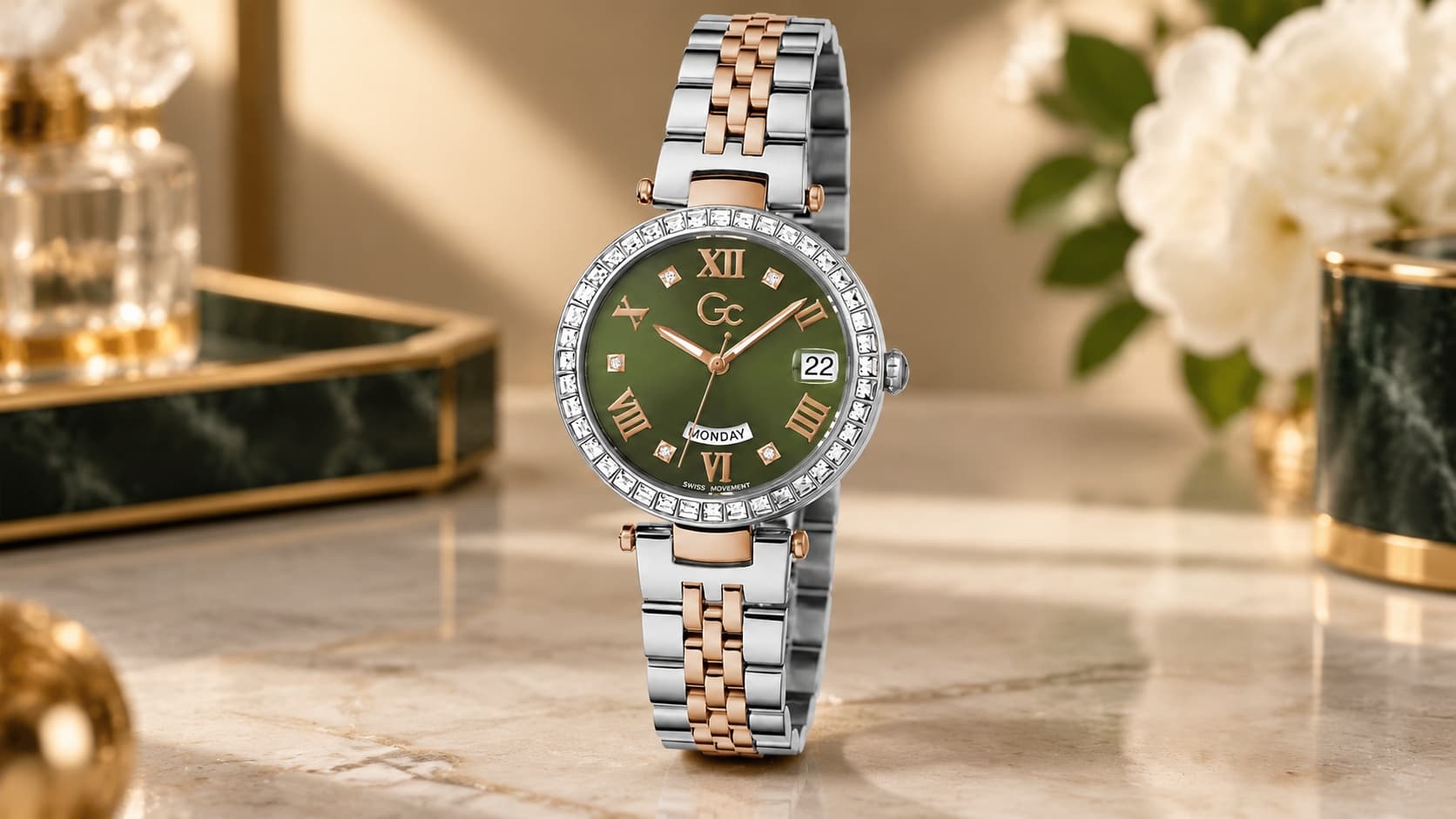 Gc Flair mid-size two-tone women's watch with green dial and crystal-set bezel