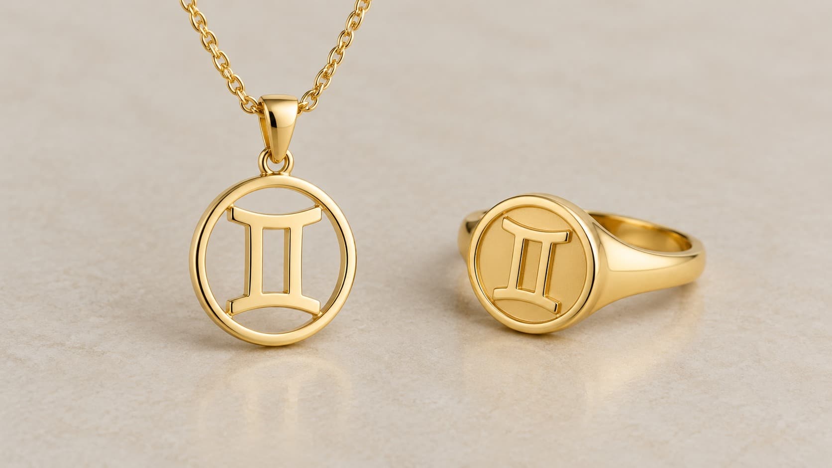 Gold Gemini pendant necklace and matching signet ring