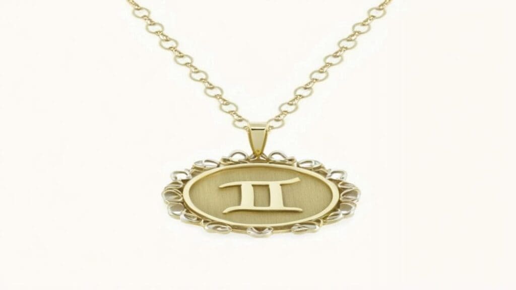 Gold Gemini zodiac pendant necklace featuring the traditional twins symbol on an ornate oval medallion