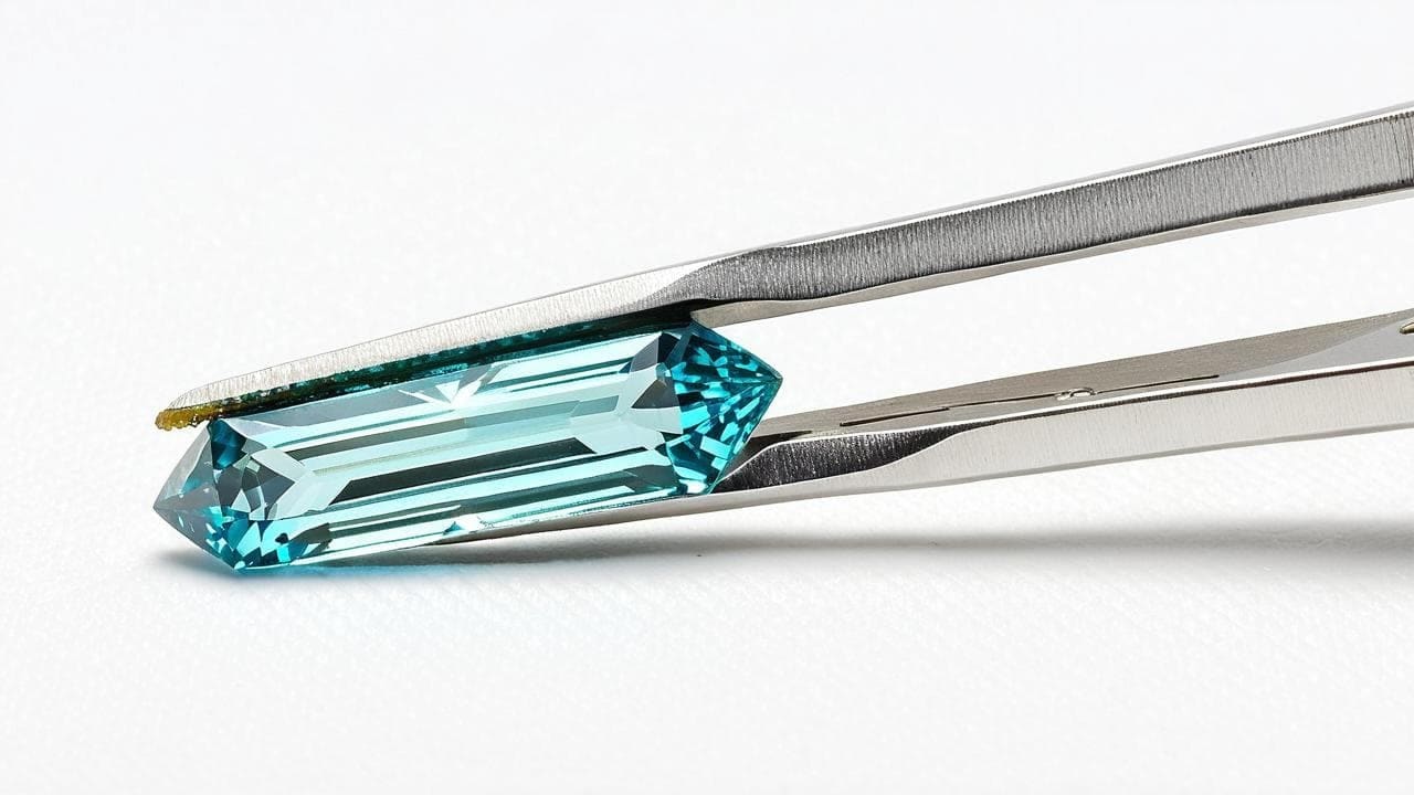 Elongated blue aquamarine held in gemologist's tweezers on white