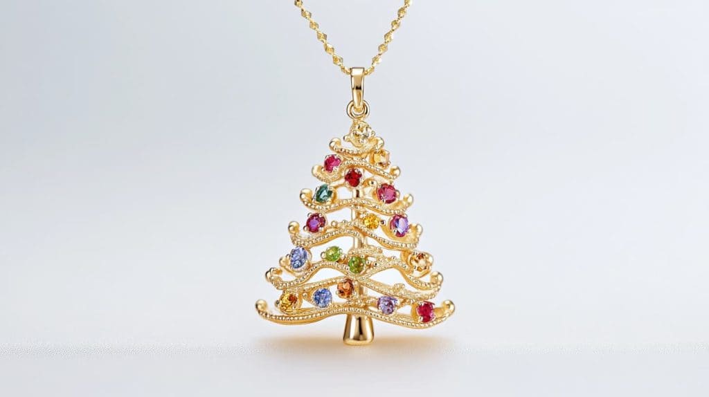 A gold Christmas tree pendant necklace decorated with colorful gemstones, displayed on a neutral background highlighting its intricate design and festive appeal.