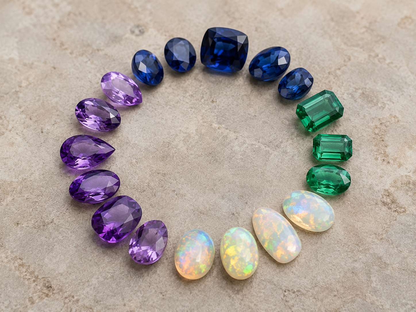 Circle of polished gemstones including sapphire, amethyst, emerald, and opal arranged by color