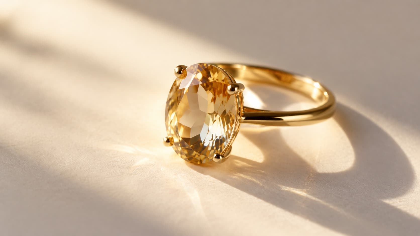 Oval-cut yellow gemstone ring catching direct sunlight, showing heat and light exposure