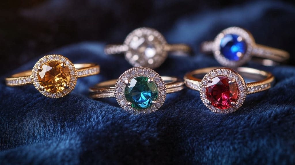 Colorful gemstone rings featuring emerald, sapphire, ruby, and citrine stones, arranged on velvet to showcase their beauty and investment potential.