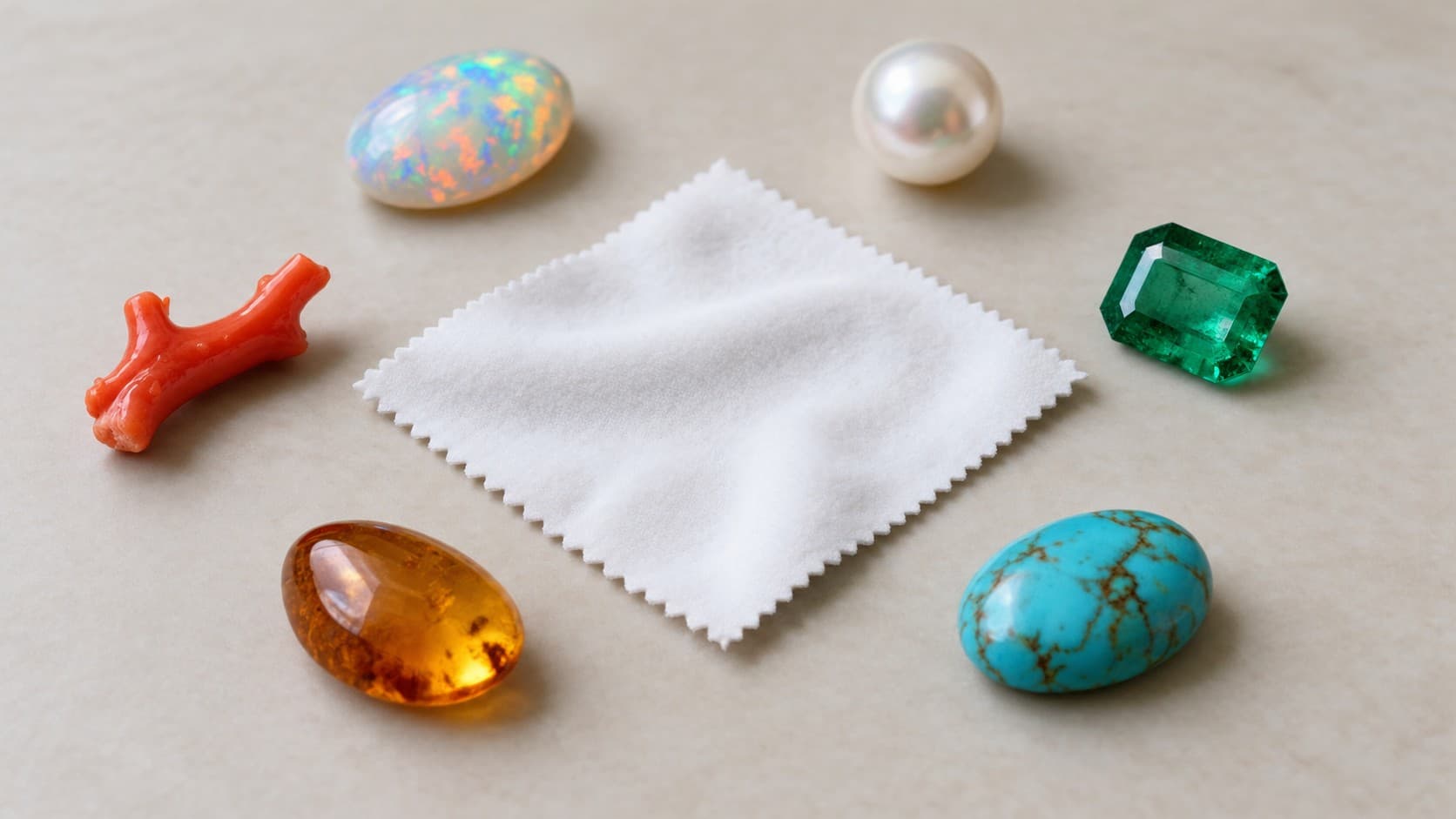 Opal, pearl, emerald, turquoise, coral, and amber gemstones next to a polishing cloth