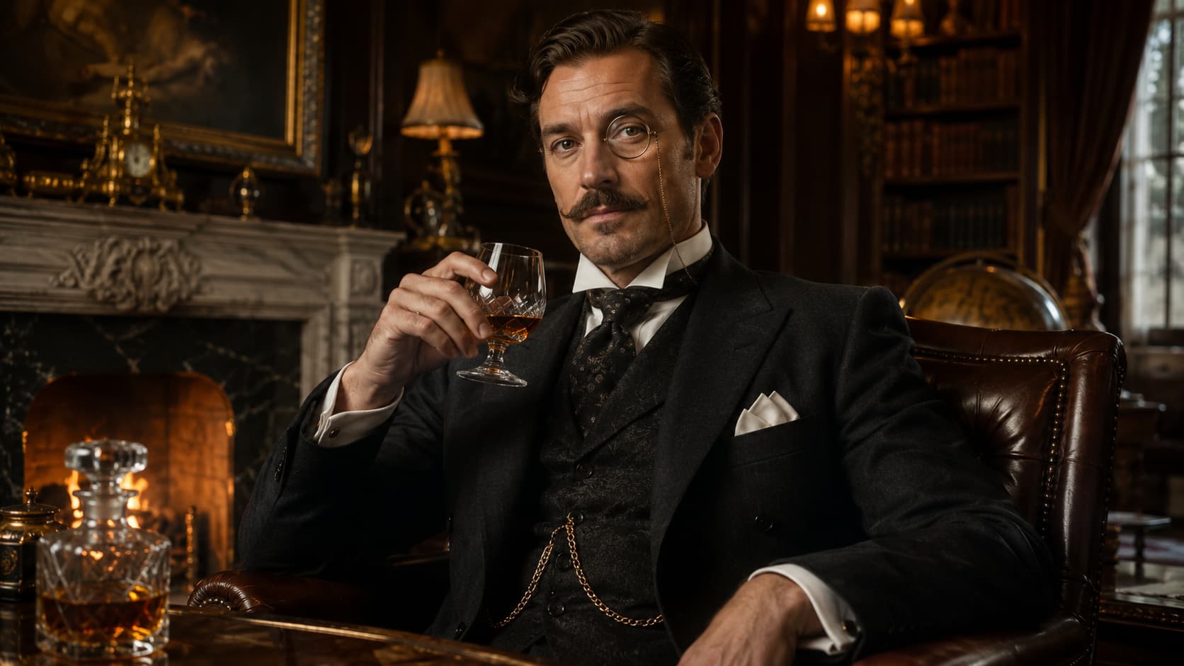 Gentleman wearing a monocle in a wood-paneled study, holding a glass of brandy