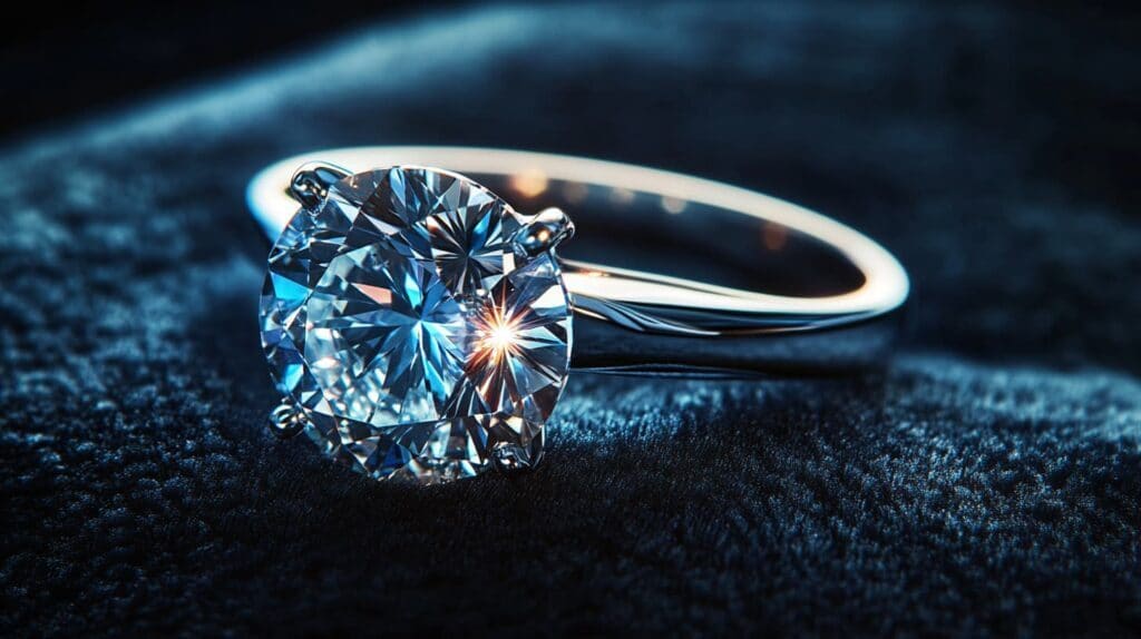 A close-up of a genuine diamond ring on a dark fabric surface, emphasizing the importance of diamond authentication and verification methods.