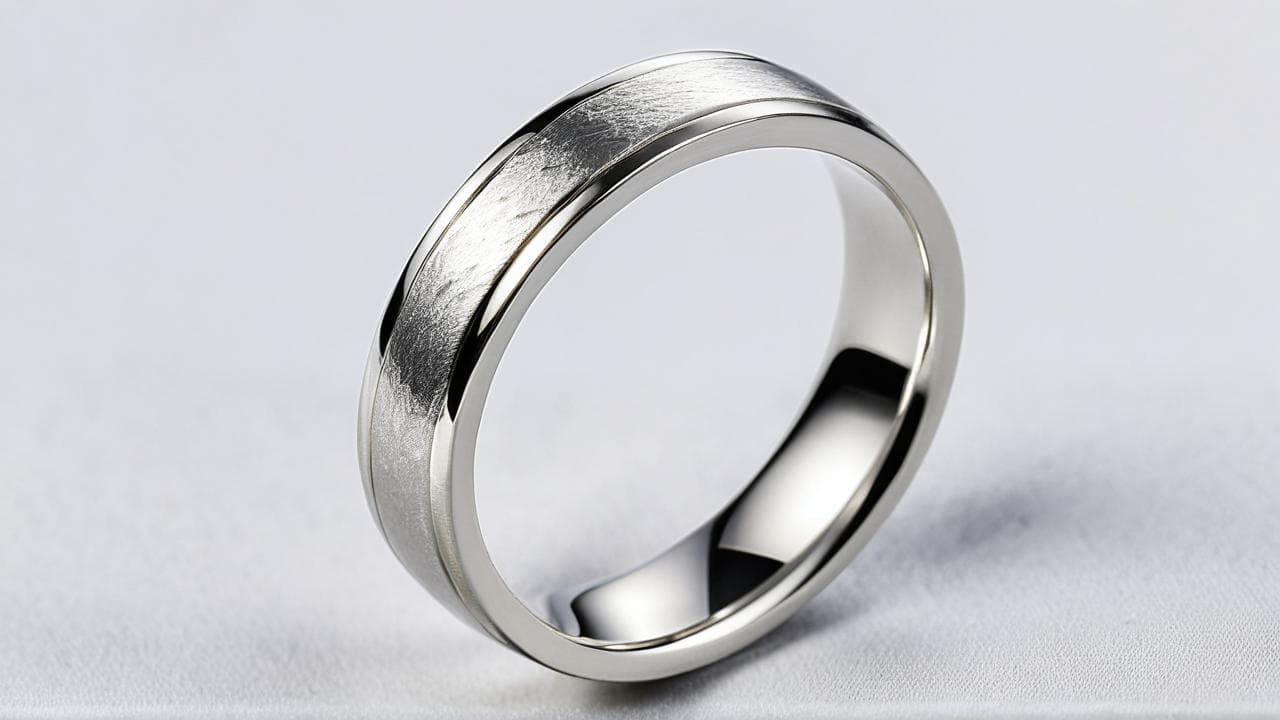 Sterling silver band ring with a brushed center stripe and polished edges
