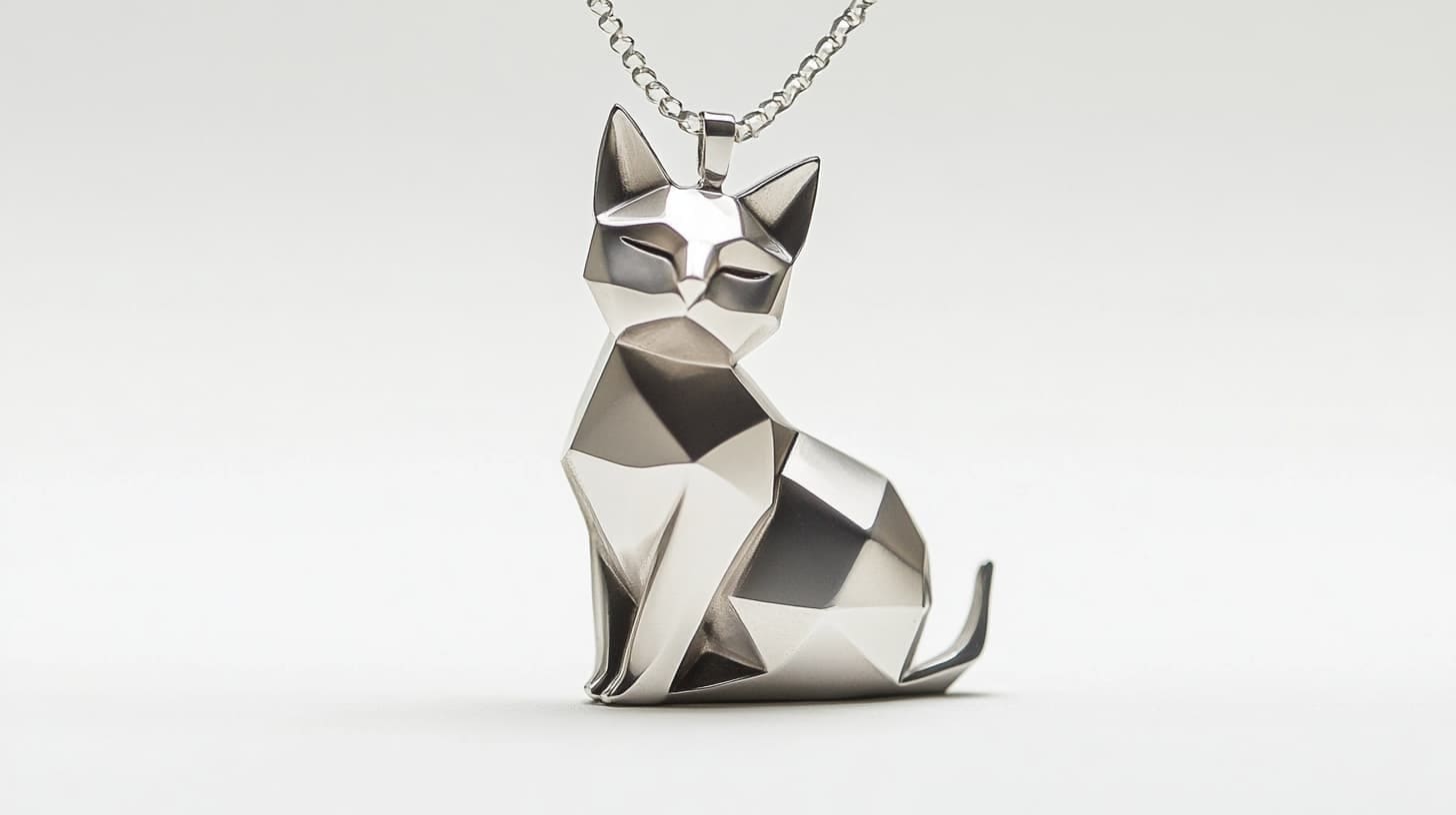 Silver geometric origami-style cat pendant on a rolo chain