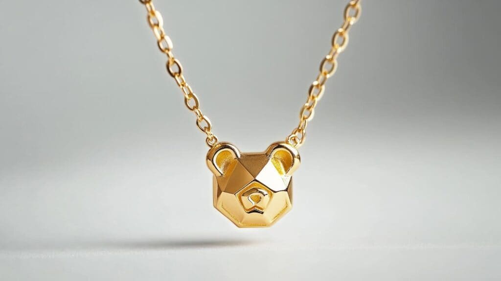 Modern geometric gold bear pendant necklace with clean lines and minimalist design, hanging on a simple gold chain, perfect for contemporary fashion.