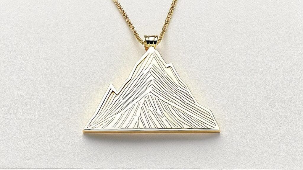 Gold pendant necklace featuring geometric mountain design with detailed line work, showing contemporary interpretation of mountain symbolism