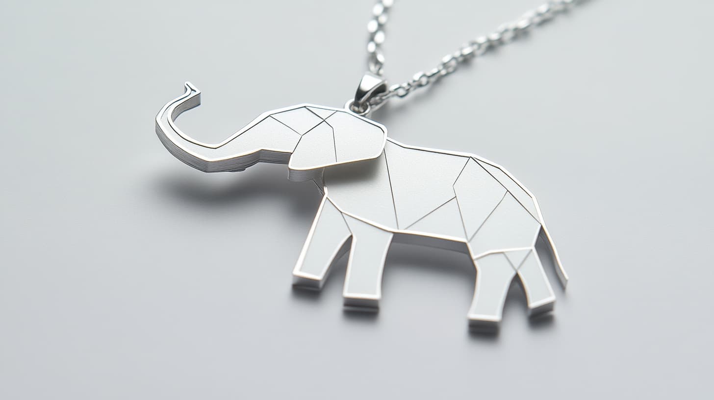 Silver geometric elephant pendant with raised trunk on a chain