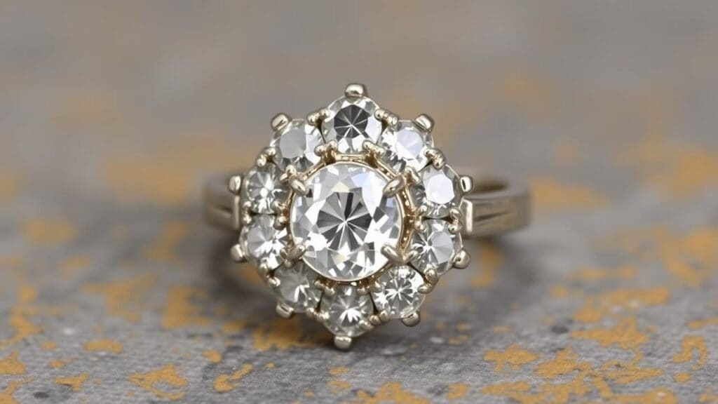 Georgian era diamond cluster engagement ring with old mine-cut center stone surrounded by rose-cut diamonds in handcrafted silver setting