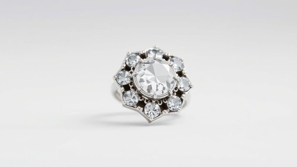 Antique Georgian diamond cluster ring featuring rose-cut diamonds in closed-back silver settings with foil backing, circa 1714-1837