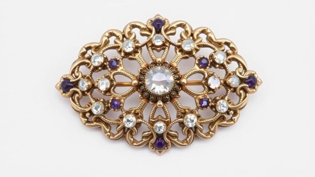 Georgian gold brooch with elaborate scrollwork featuring amethyst and diamond accents in typical 18th century repoussé metalwork style