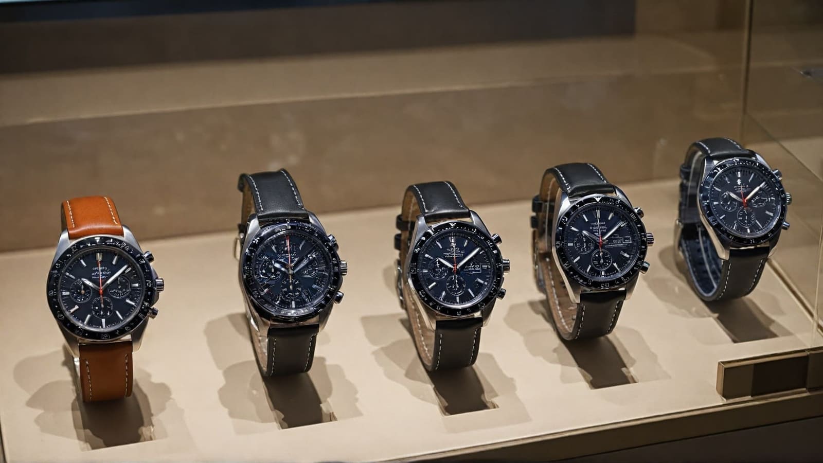 Five leather-strap chronographs with dark dials in a lit boutique case