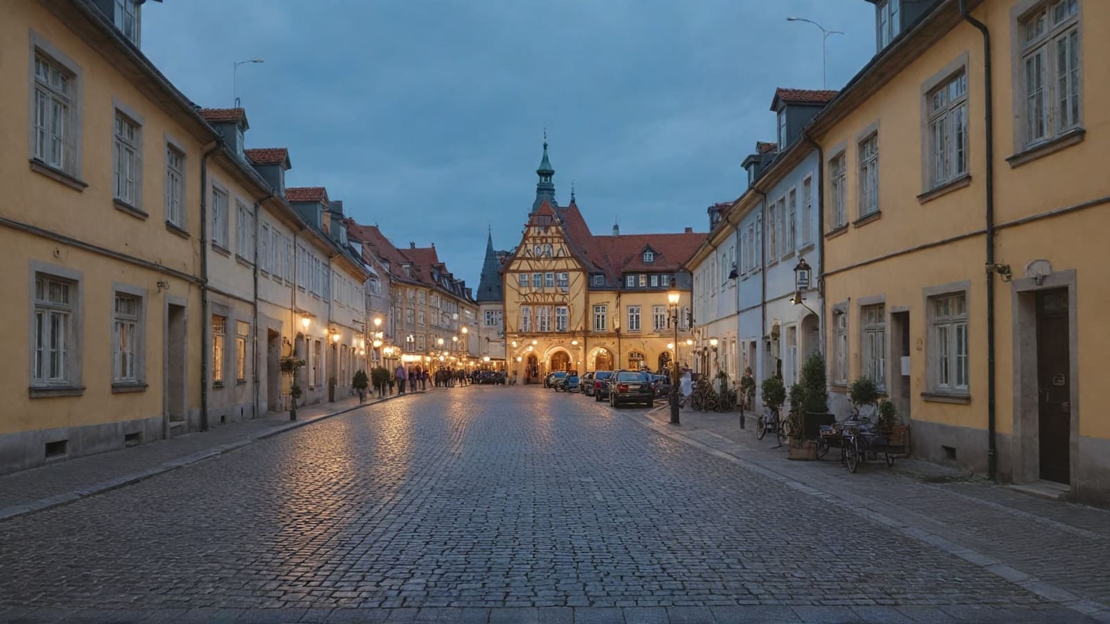 Cobblestone street in a historic German old town with half-timbered buildings at dusk