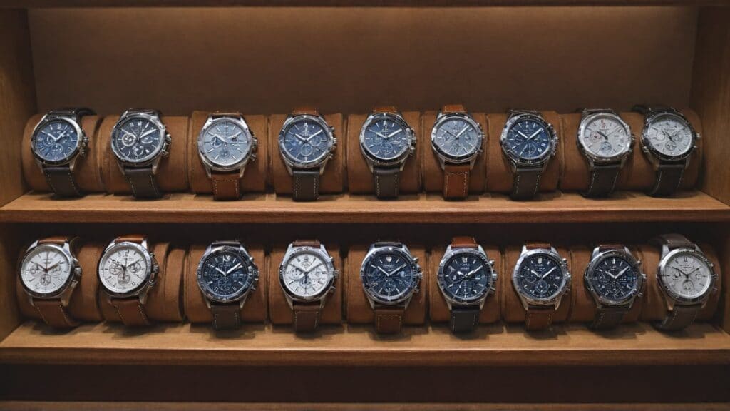 A collection of German luxury watches displayed in a wooden case, featuring chronograph designs with leather straps and stainless steel cases.
