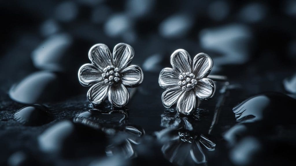 A pair of intricately designed flower earrings made of German silver, placed on a wet reflective surface to highlight their detail.