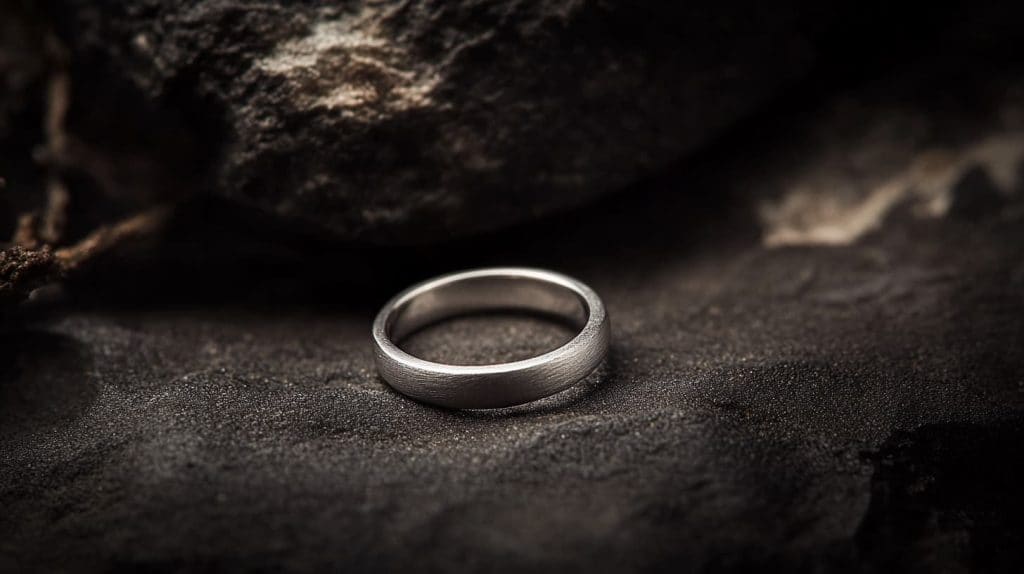 A single German silver ring displayed on a textured stone surface, emphasizing its matte finish and durability.