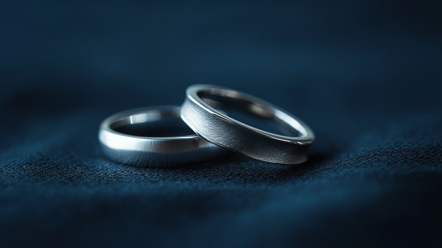 Two brushed silver-tone band rings resting together on dark blue fabric