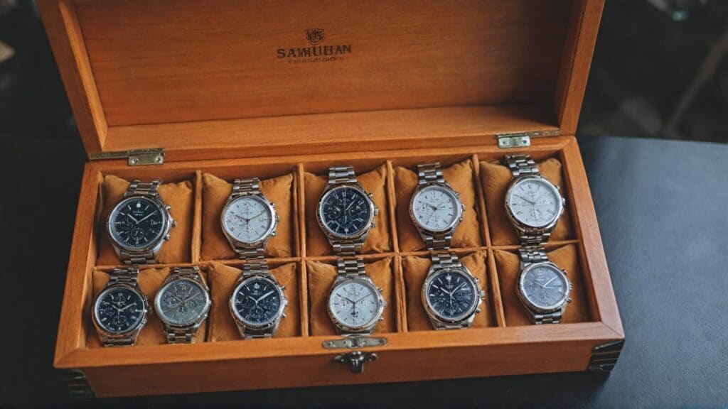 Collection of premium German watches displayed in wooden storage box showing variety of affordable German timepiece designs and styles