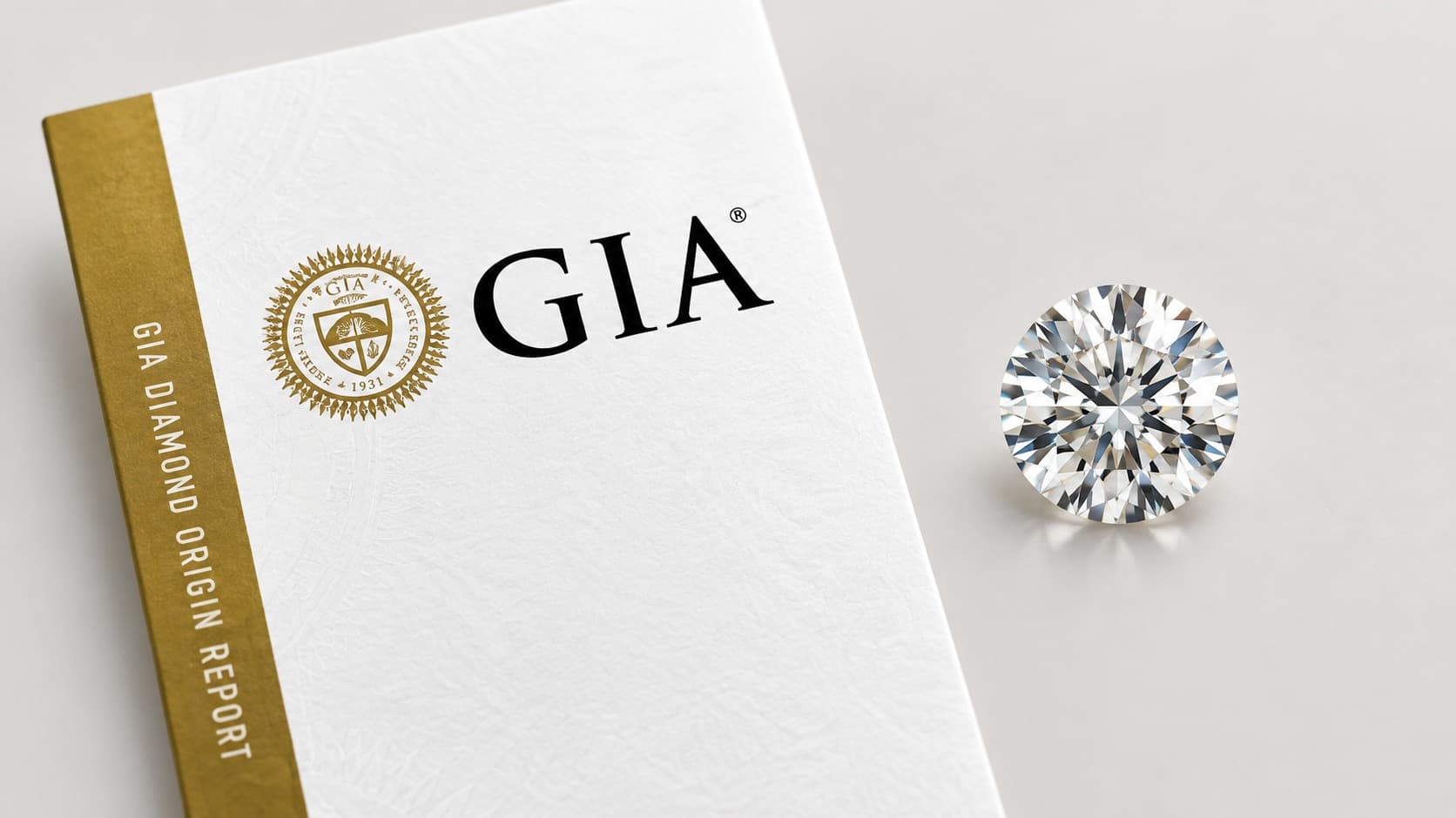 GIA diamond certification report next to a certified round brilliant diamond