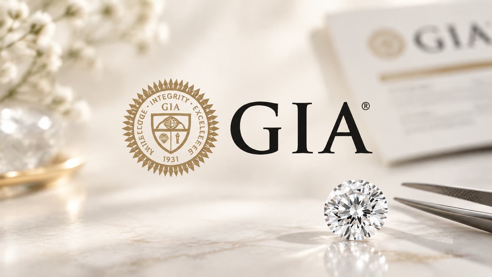 GIA Diamond Certification GIA diamond certification seal with a loose round brilliant diamond and grading report