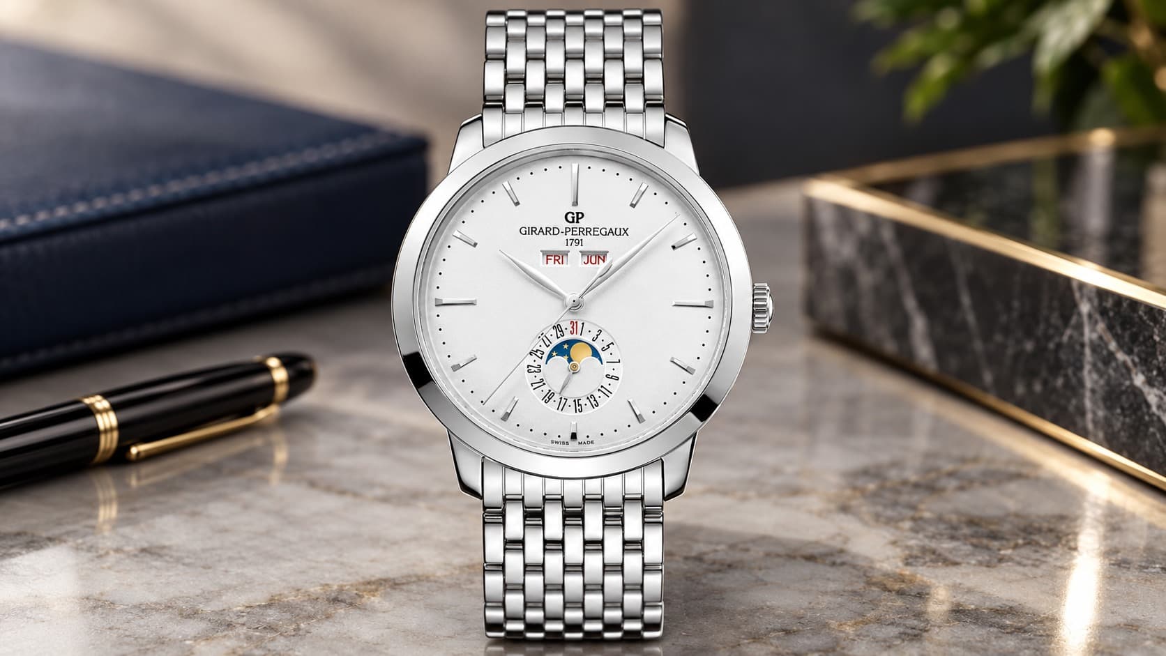 Girard-Perregaux 1966 Full Calendar watch with moonphase display and steel bracelet