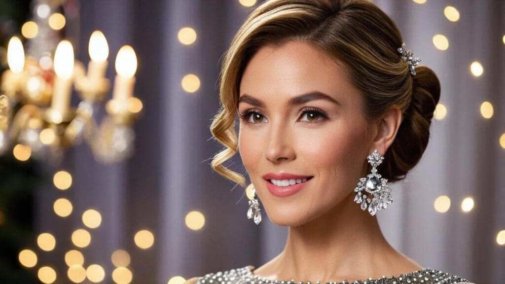 Woman in elegant hairstyle wearing large chandelier earrings with crystals, perfect for formal festive or holiday events