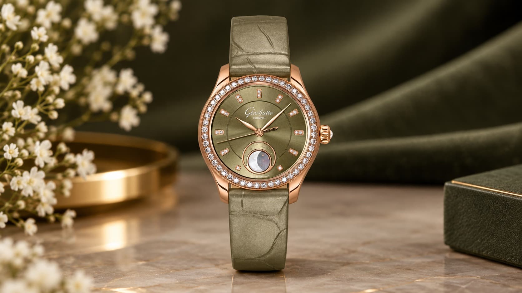 Glashütte Original Serenade Luna rose gold watch with green dial, diamond bezel, and moon phase display