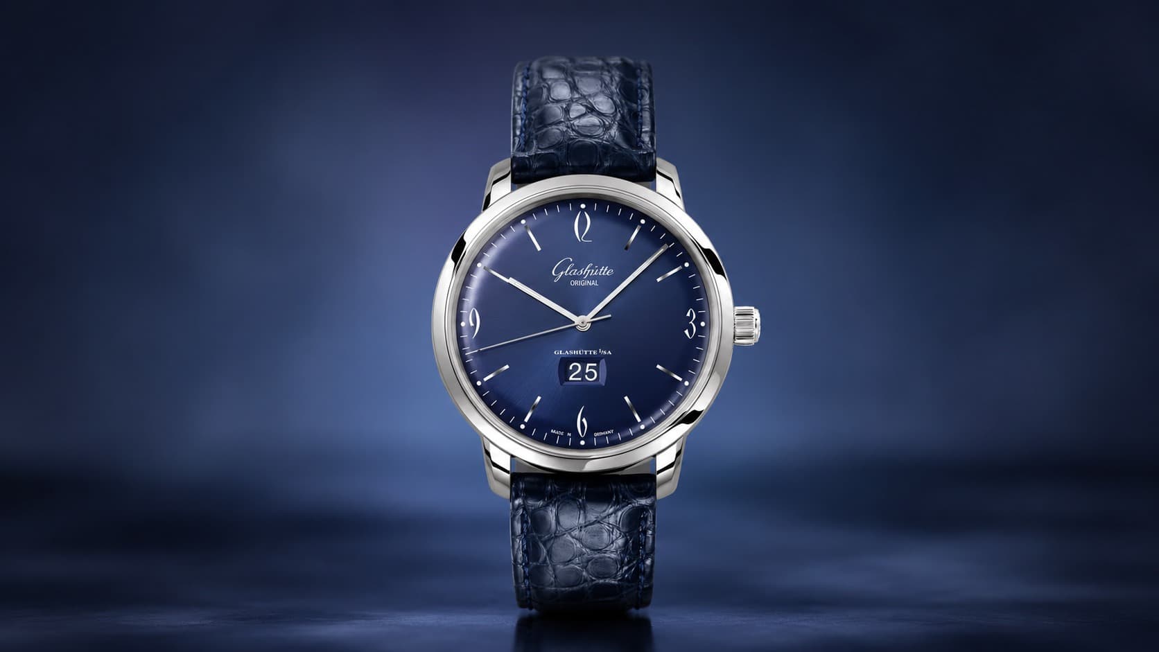 Glashütte Original Sixties Panoramadatum steel watch with blue dial and large date display
