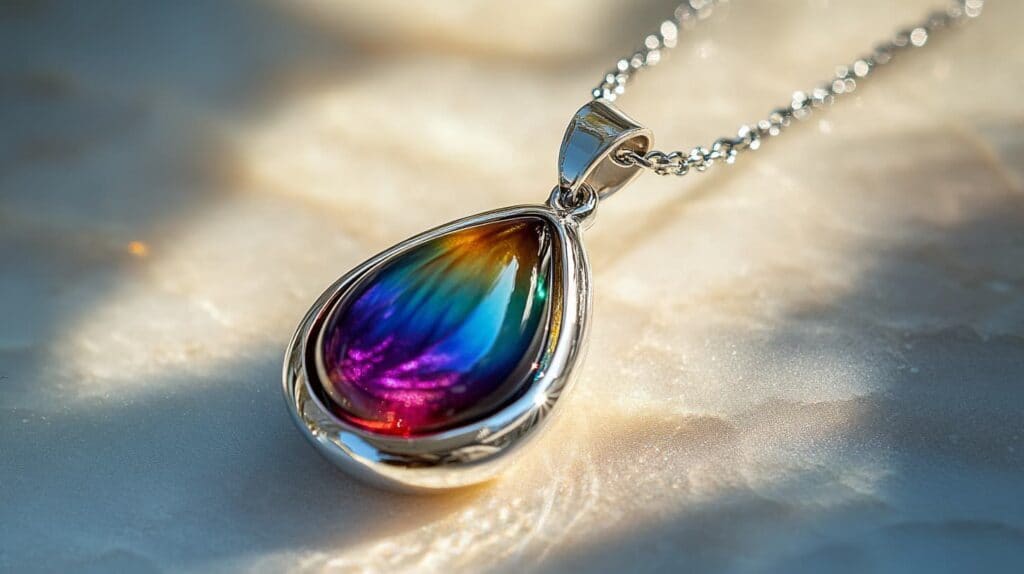 Stunning teardrop-shaped glass pendant in vibrant rainbow hues, set in a cruelty-free metal necklace, highlighting vegan jewelry craftsmanship.