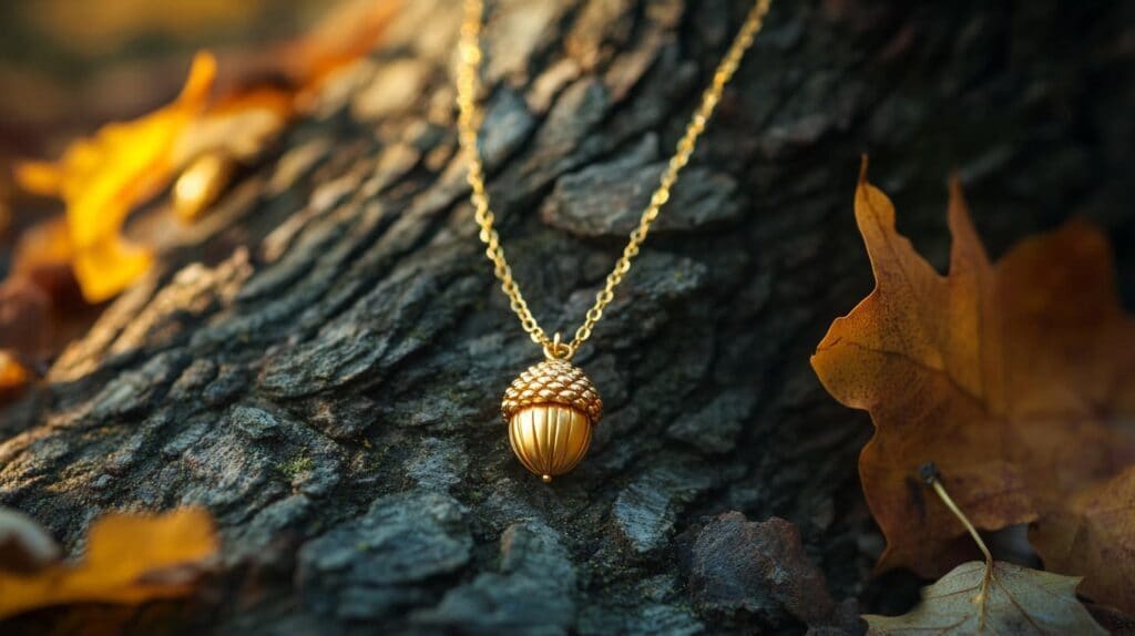 Gold acorn necklace on a tree bark, symbolizing growth and potential, surrounded by autumn leaves.