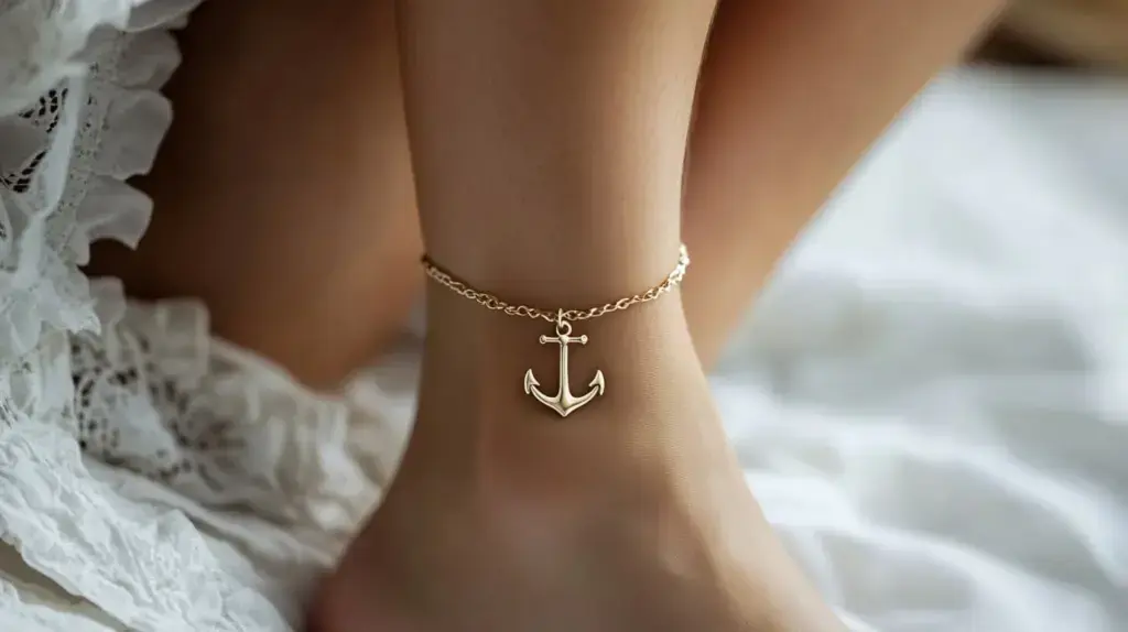 Gold anchor anklet on ankle, symbolizing stability and connection to the sea in nautical-themed jewelry.