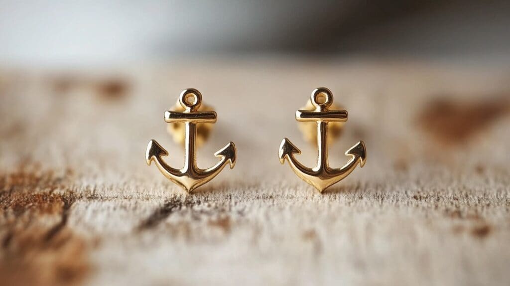Pair of gold anchor earrings on wooden surface, offering a simple yet elegant nautical-themed accessory.