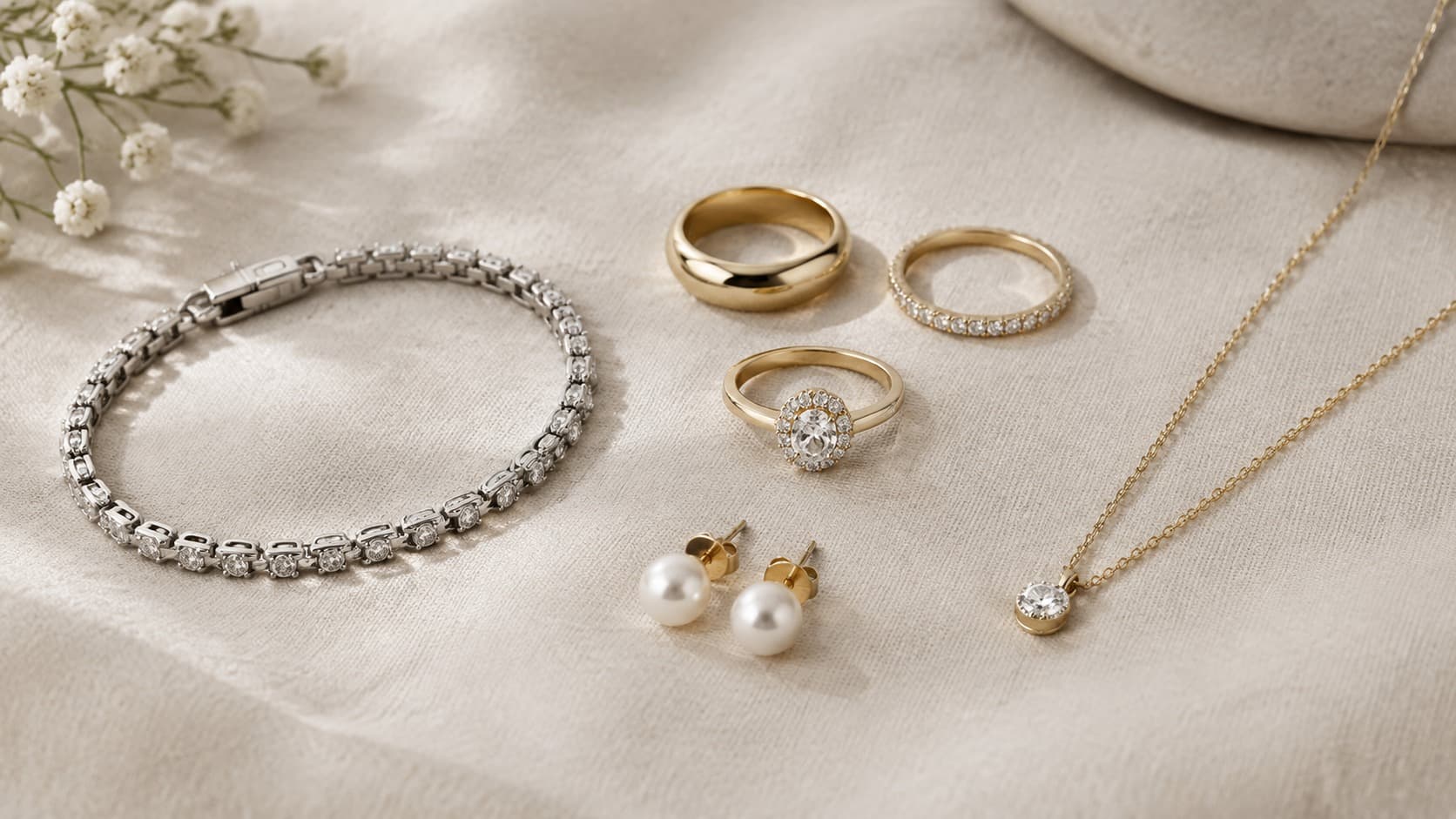 Flat lay of a diamond bracelet, gold rings, pearl earrings, and a pendant necklace
