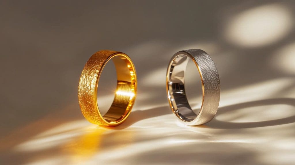 Gold and silver rings side by side on a light surface, highlighting their contrasting textures, colors, and reflective properties.