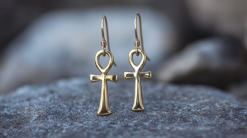 Pair of gold Ankh earrings, representing eternal life and ancient Egyptian heritage.